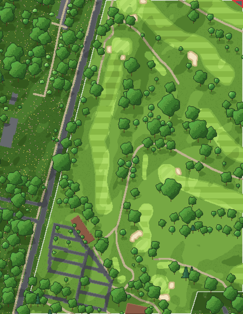 Rendered map of Mayfair Country Club hole 1: fairway, bunkers, cart paths, parking lot and hundreds of individual trees.