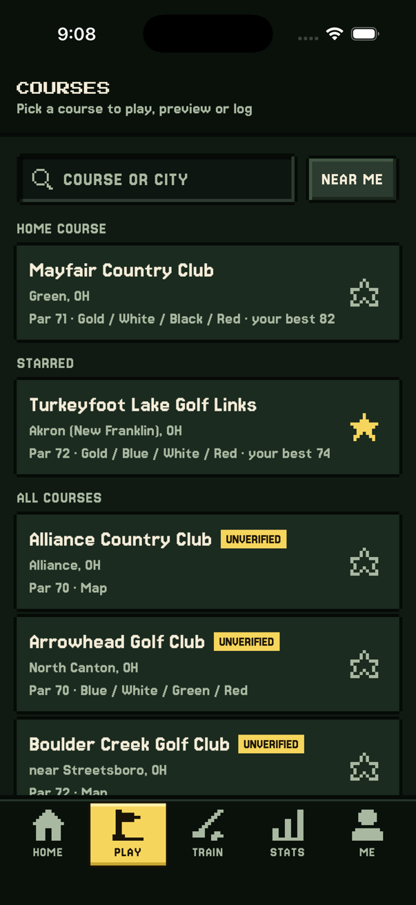 Course list with search, home course, starred and nearby courses.