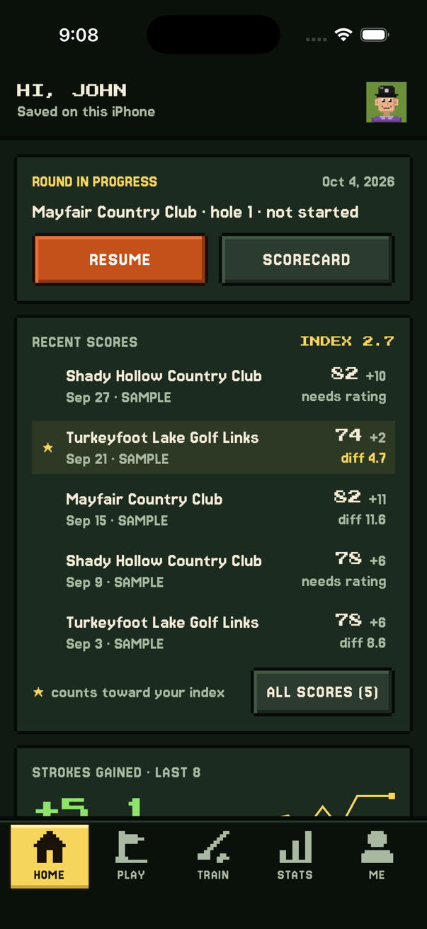 Home screen: round in progress, recent scores and a handicap index estimate of 2.7.