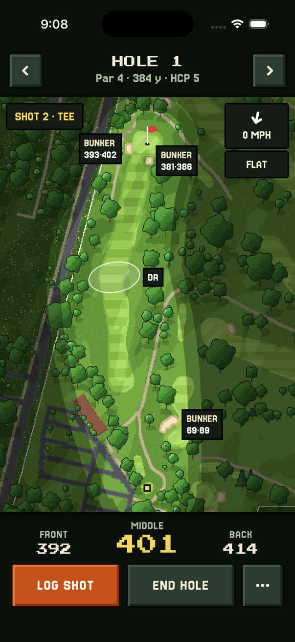 Playing hole 1: aim oval for the driver, bunker carries and 401 yards to the middle.