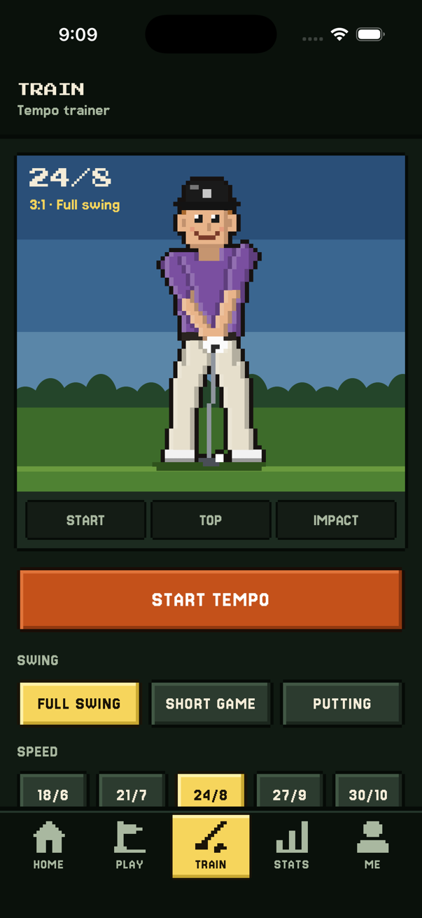 Tempo trainer with an 8-bit golfer swinging to the beat.