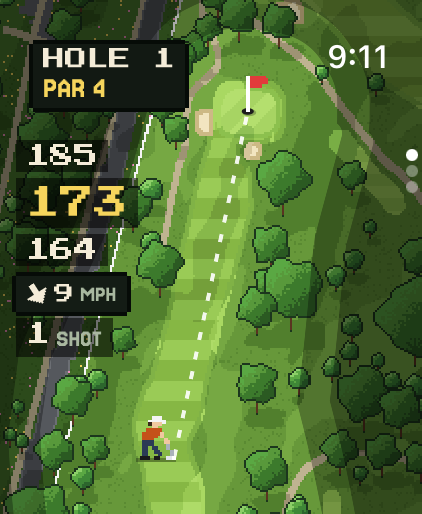 Watch map: hole 1 with 185, 173 and 164 yards to the back, middle and front of the green.