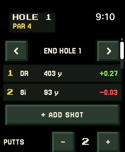 End hole screen with shots and putts.